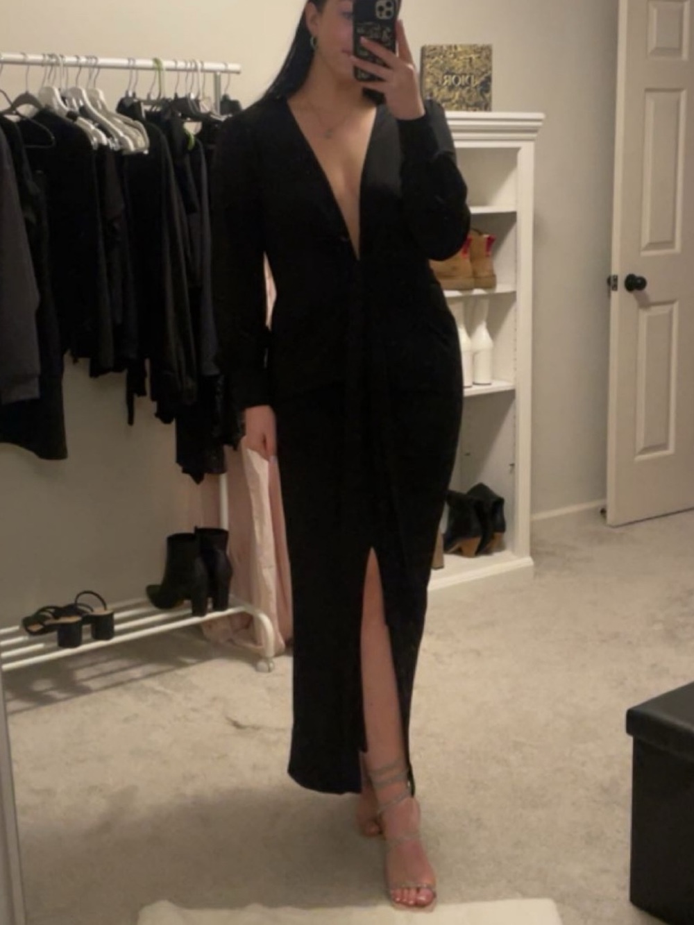 Women’s Black Deep V Long Sleeve Maxi Dress with Front Slit